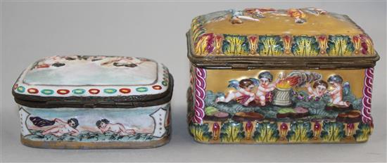 A 19th century Capo di Monte style gilt porcelain hinged box and another similar box, 13.5cm and 11.5cm